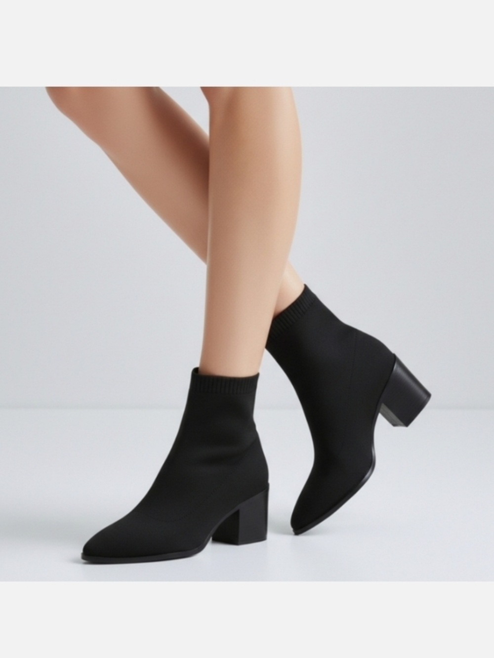 ASOS DESIGN Block Heeled Chelsea Pull-On Boot In Ribbed Cuff Black Knit Size 8